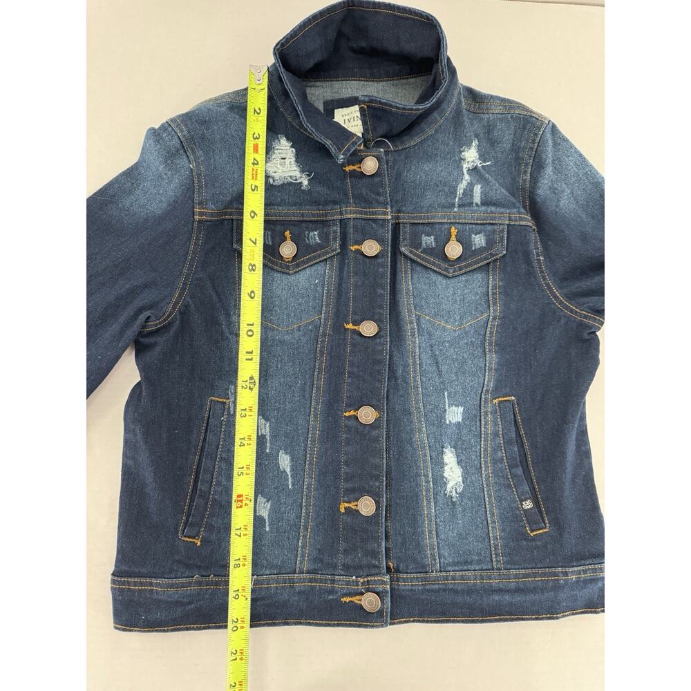 Jvini Denim Jacket Women’s Sz M Dark Wash Distressed Button Pockets Casual - Picture 10 of 14